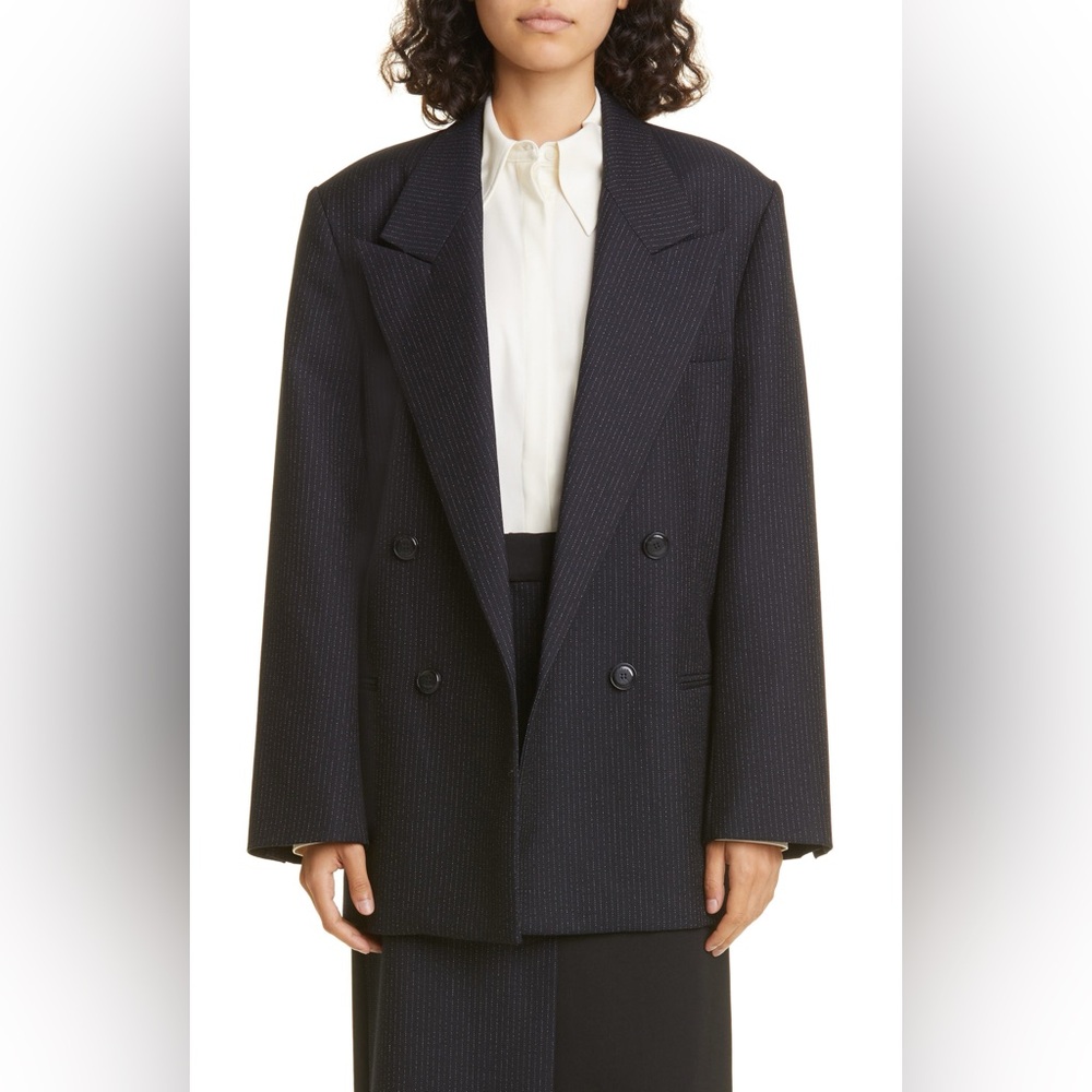 Róhe Pinstripe Double Breasted Virgin Wool Blend Blazer in Navy Pinstripe